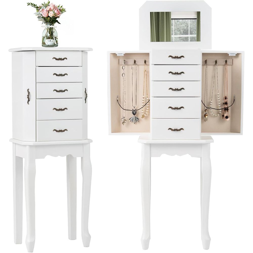 Drawer Organizer Tray - Beyaz Ayaklı Mücevher Dolabı, Üst Aynalı,